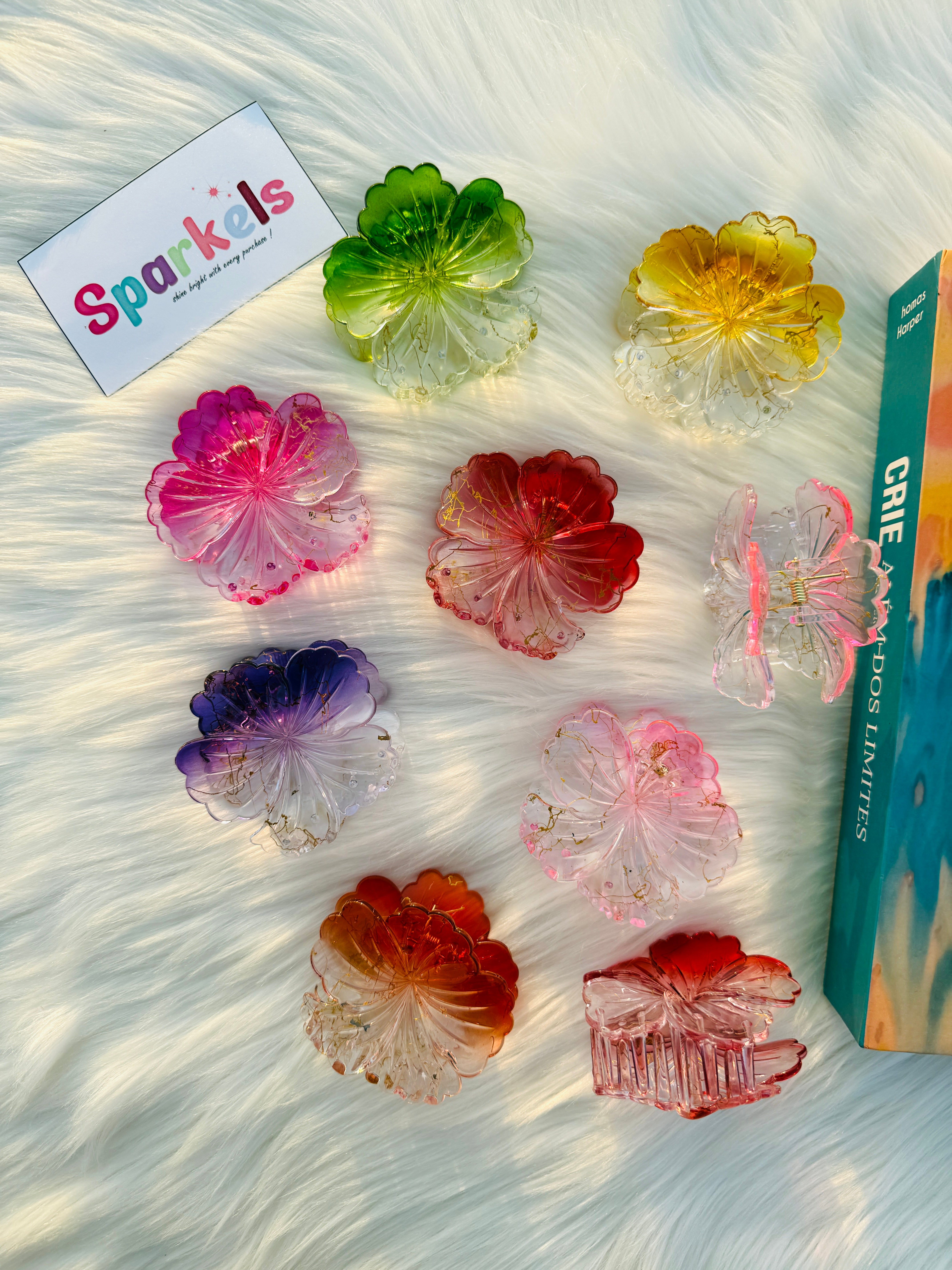 Pack of 6 Sparkling Crystal Flower Claw Catchers