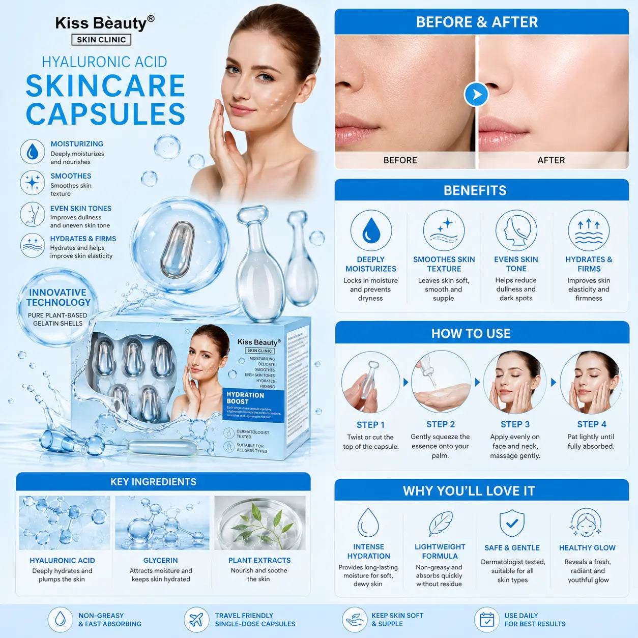 Hyaluronic Acid Skincare Capsules Hydrating Facial Serum Capsules