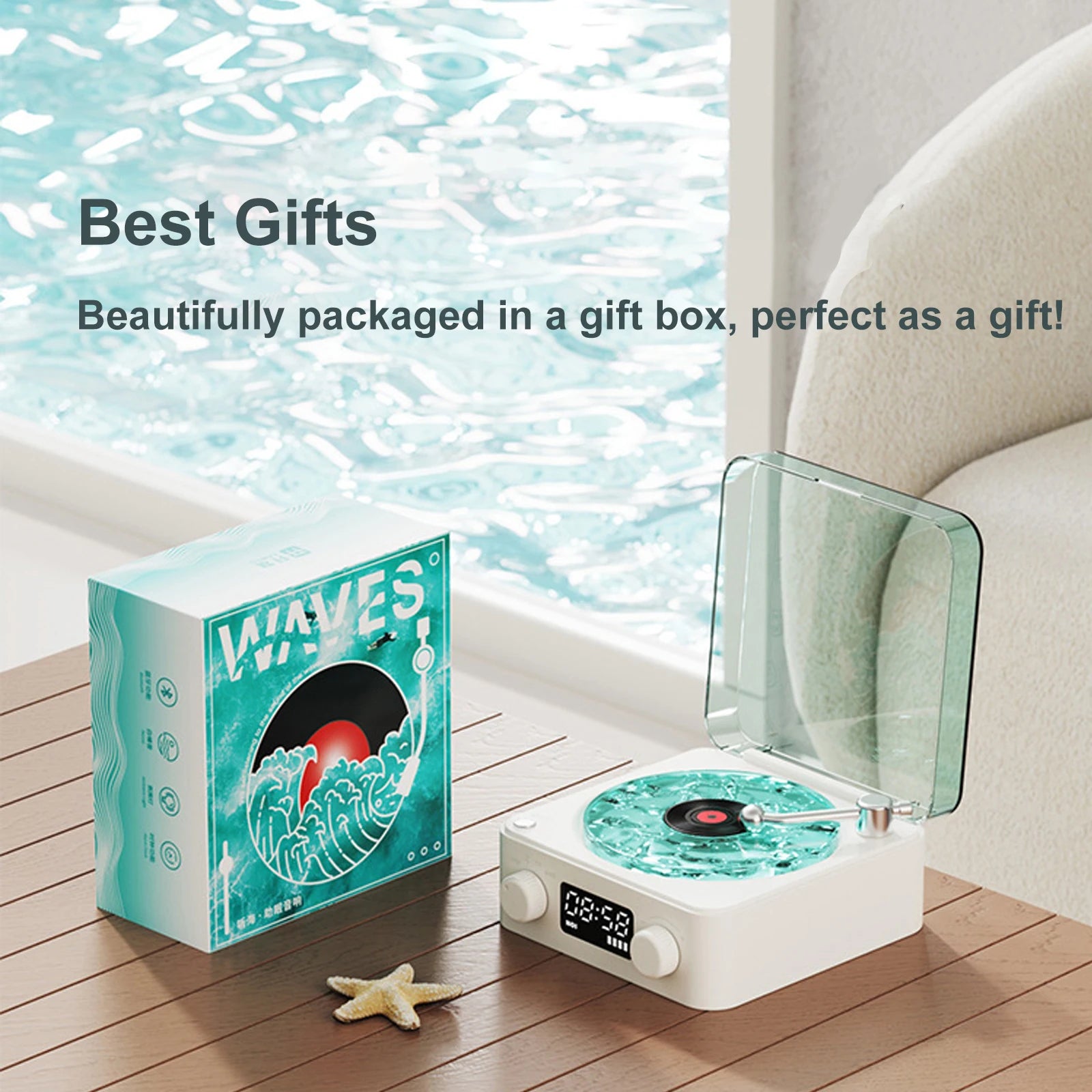 Waves Vinyl Player Bluetooth Speaker with White Noise Retro Turntable Speaker Sleep Aid Vitrola Shaped Speaker with RGB Light