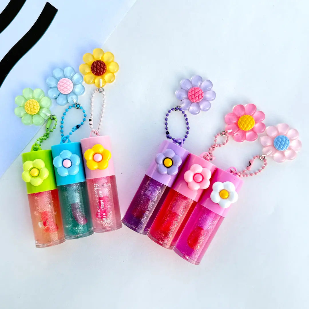 Cute Flower Charm Lip Gloss Moisturizing Glitter Lip Tint Keychain Gloss for Girls
