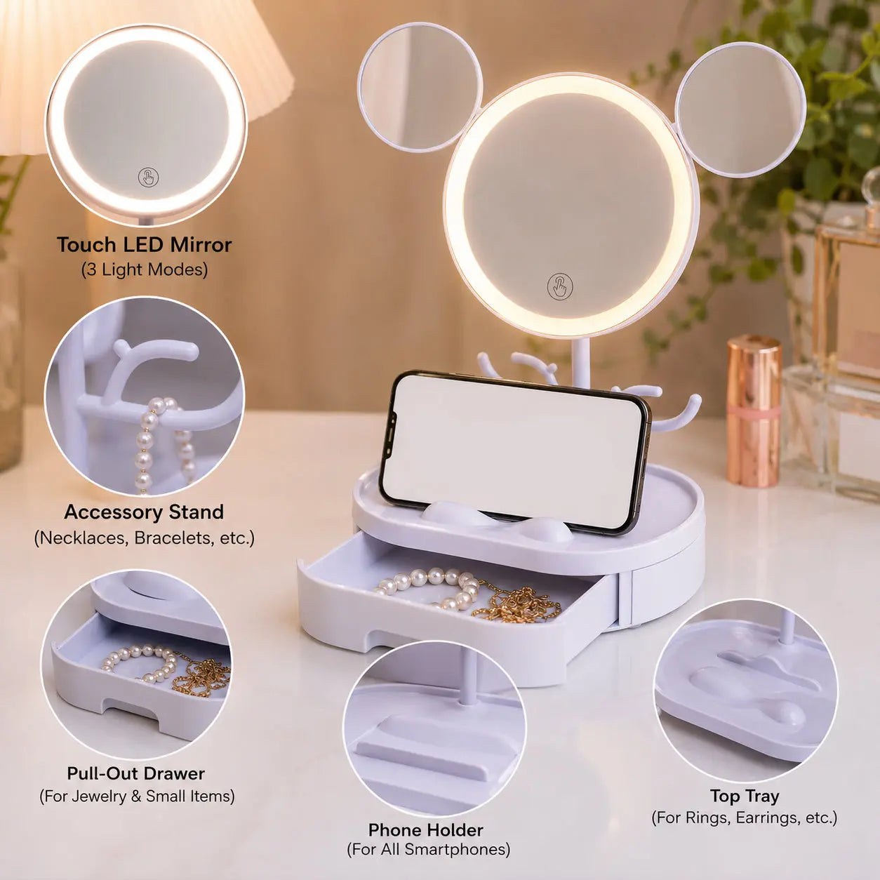 LED Mickey Ear Makeup Mirror with Jewelry Organizer & Storage Drawer