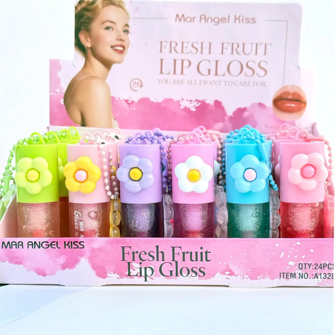 Cute Flower Charm Lip Gloss Moisturizing Glitter Lip Tint Keychain Gloss for Girls
