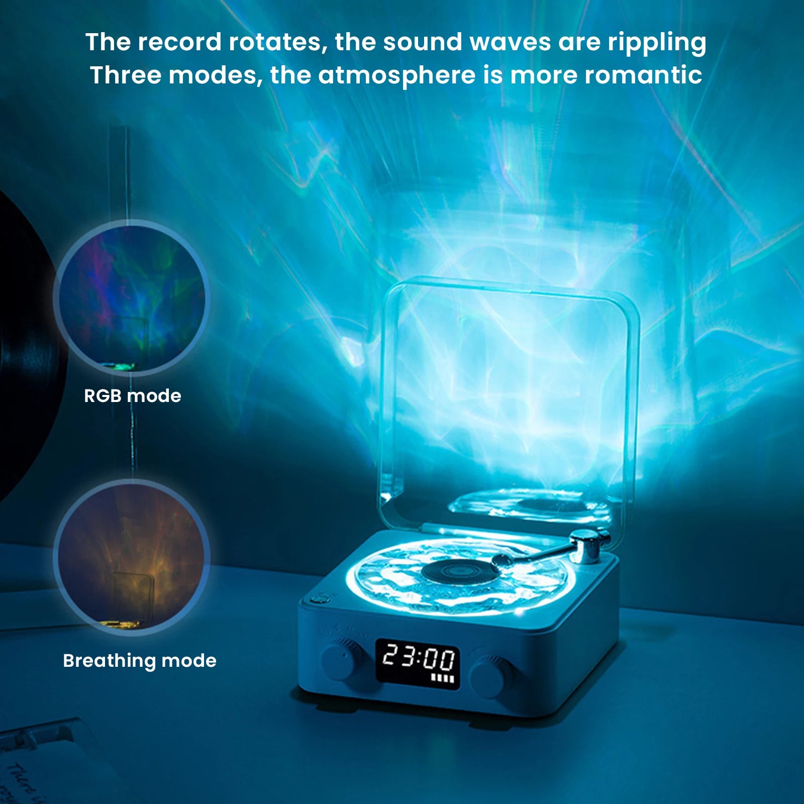 Waves Vinyl Player Bluetooth Speaker with White Noise Retro Turntable Speaker Sleep Aid Vitrola Shaped Speaker with RGB Light