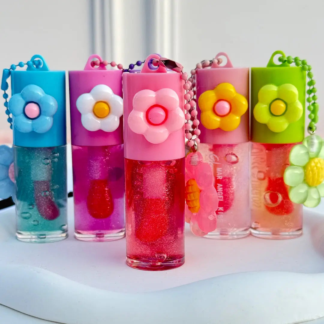 Cute Flower Charm Lip Gloss Moisturizing Glitter Lip Tint Keychain Gloss for Girls