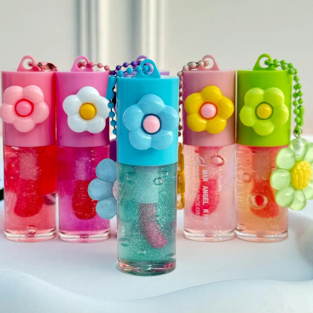 Cute Flower Charm Lip Gloss Moisturizing Glitter Lip Tint Keychain Gloss for Girls