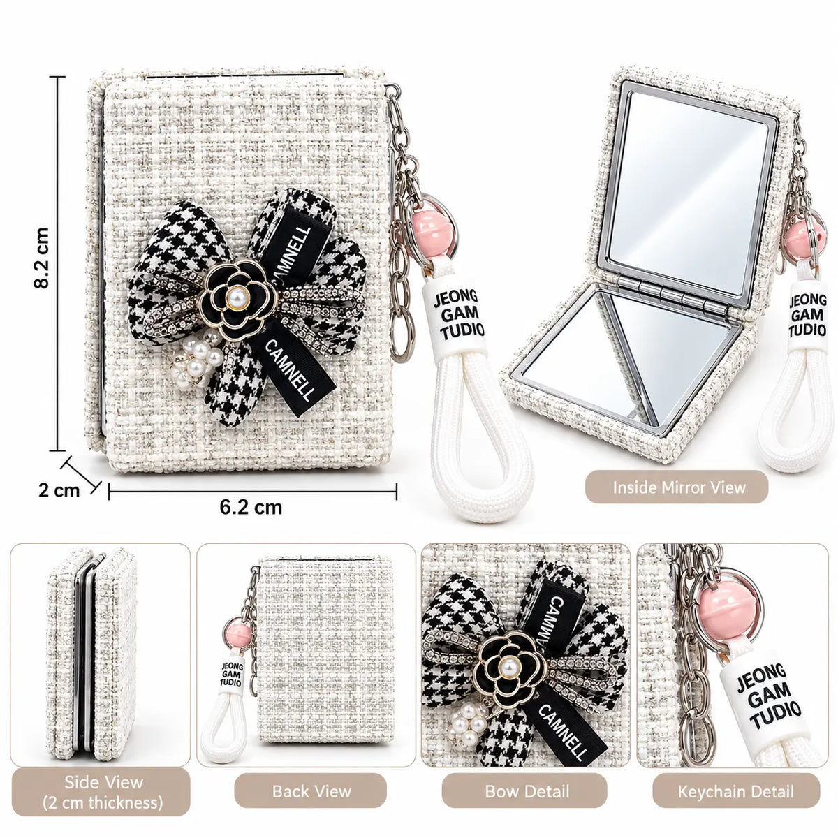 Chic Floral Bow Compact Mirror Keychain with Wrist Strap