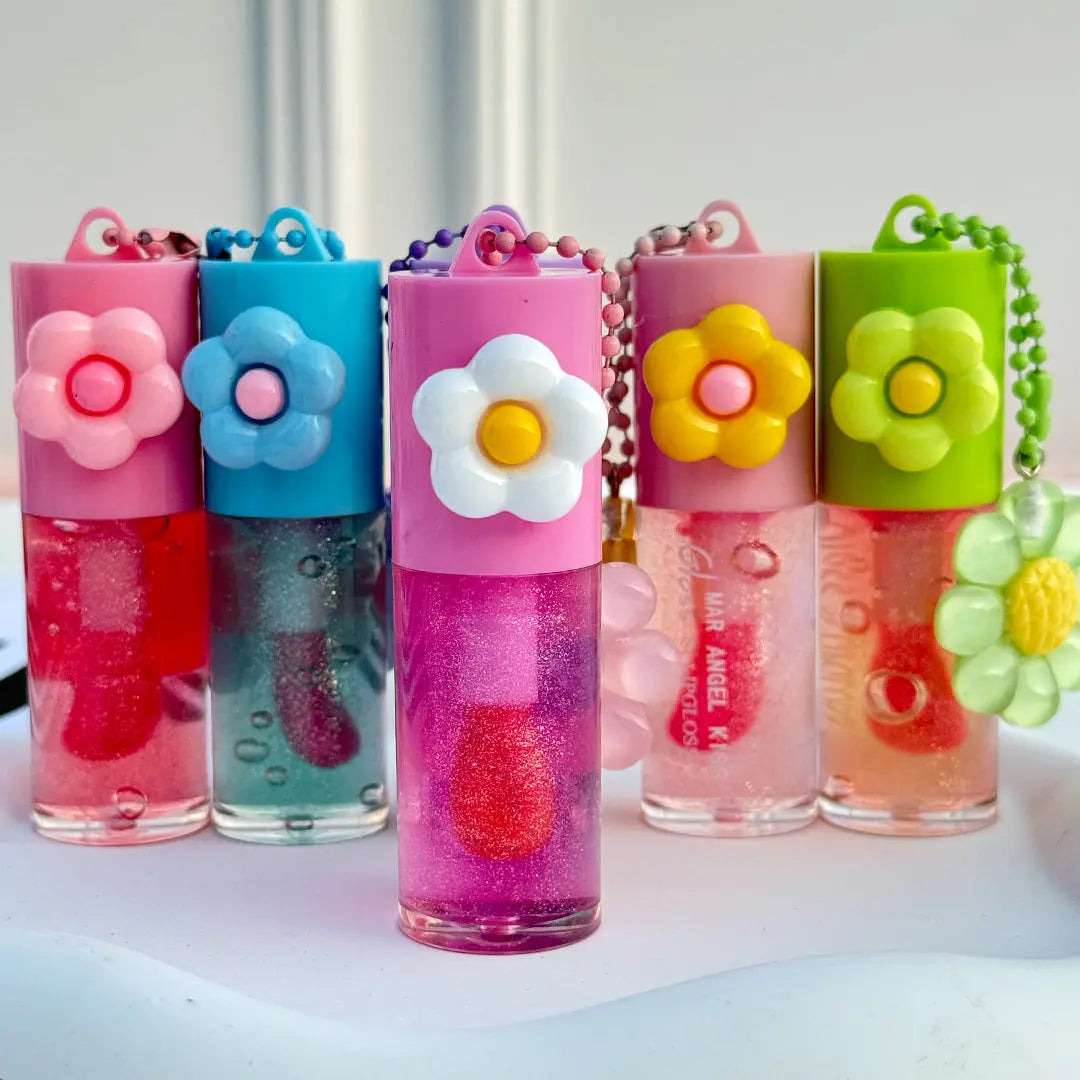 Cute Flower Charm Lip Gloss Moisturizing Glitter Lip Tint Keychain Gloss for Girls