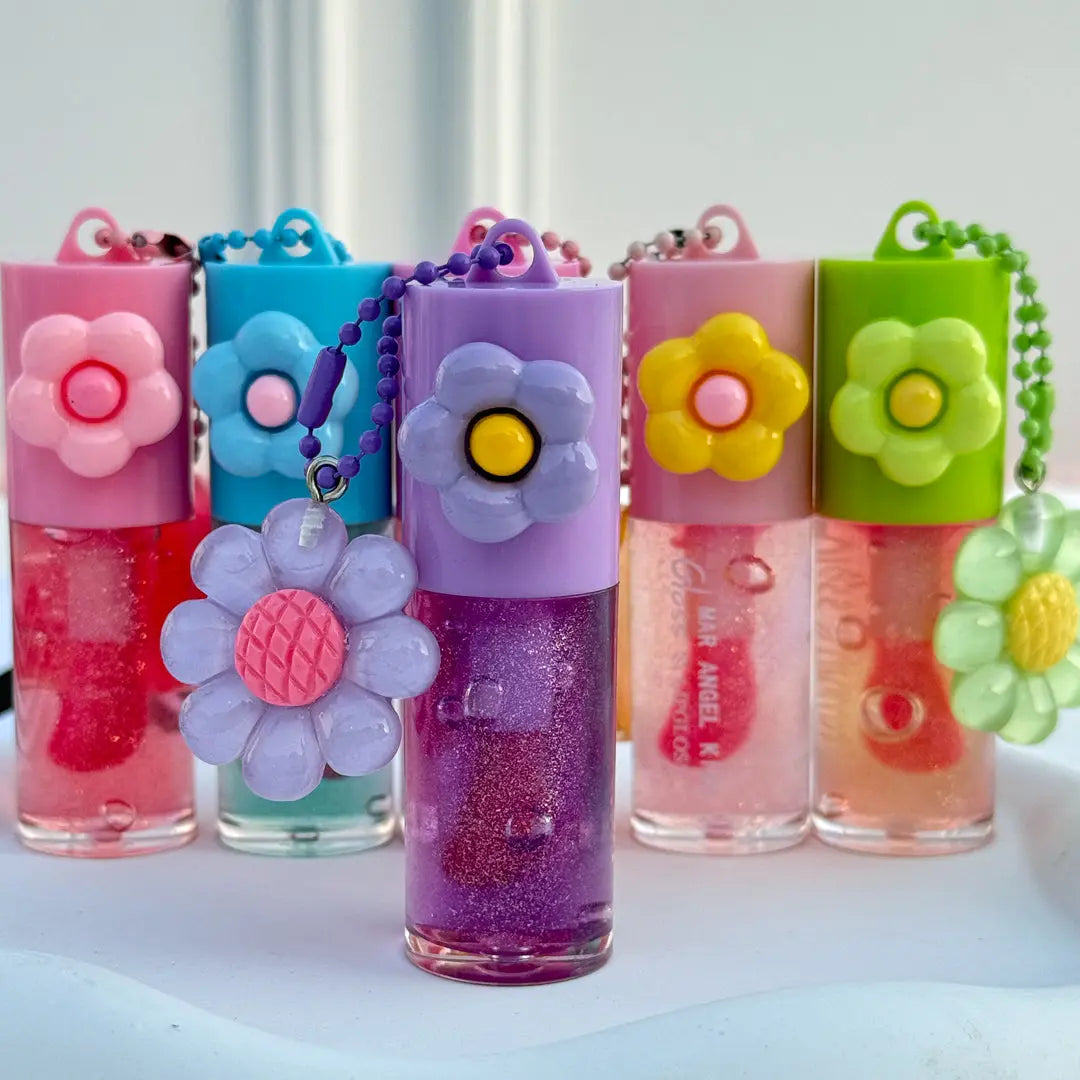 Cute Flower Charm Lip Gloss Moisturizing Glitter Lip Tint Keychain Gloss for Girls
