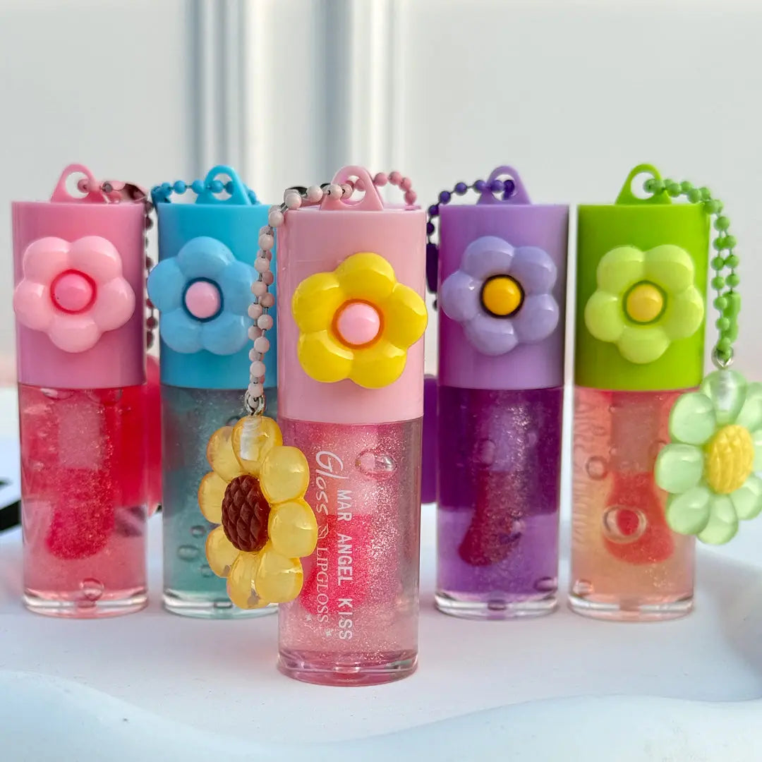 Cute Flower Charm Lip Gloss Moisturizing Glitter Lip Tint Keychain Gloss for Girls