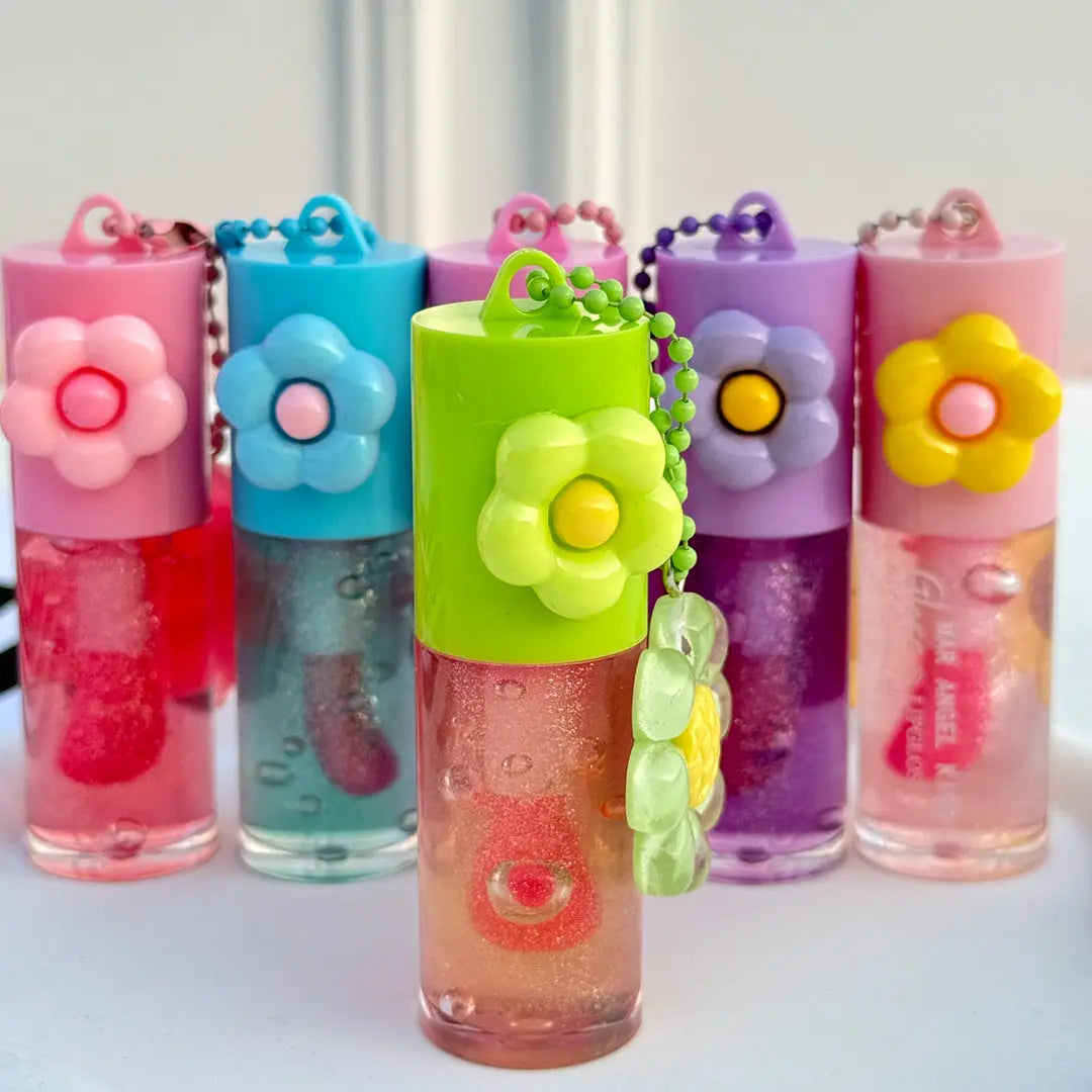 Cute Flower Charm Lip Gloss Moisturizing Glitter Lip Tint Keychain Gloss for Girls