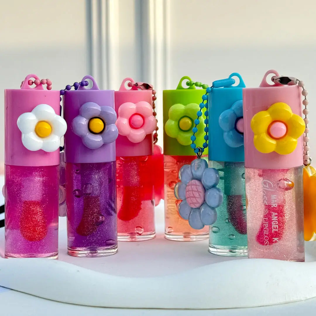 Cute Flower Charm Lip Gloss Moisturizing Glitter Lip Tint Keychain Gloss for Girls
