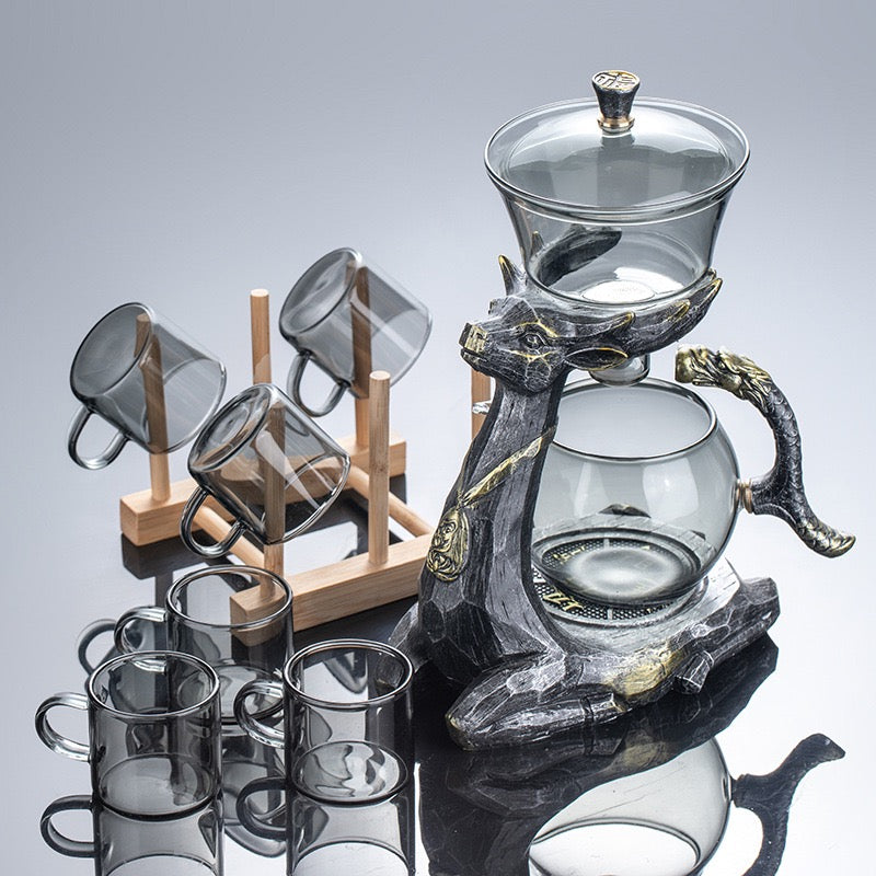Magnetic Fawn Glass Teapot Gift Set Automatic Lazy Tea Canister with Tray Cup & Teapot Ideal for Tea Lovers & Home Decor