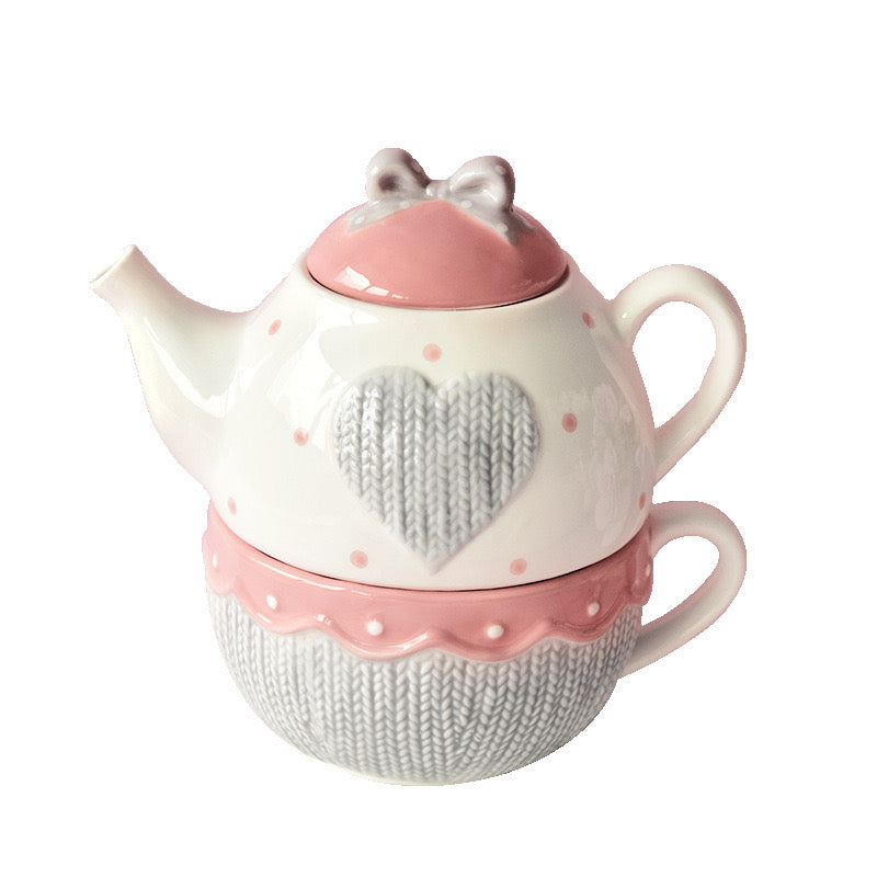 Kawaii Bowknot Ceramic Tea for One Set 400ml Pink Teapot & Tea Cup Combo Knitted Style Coffee Mug