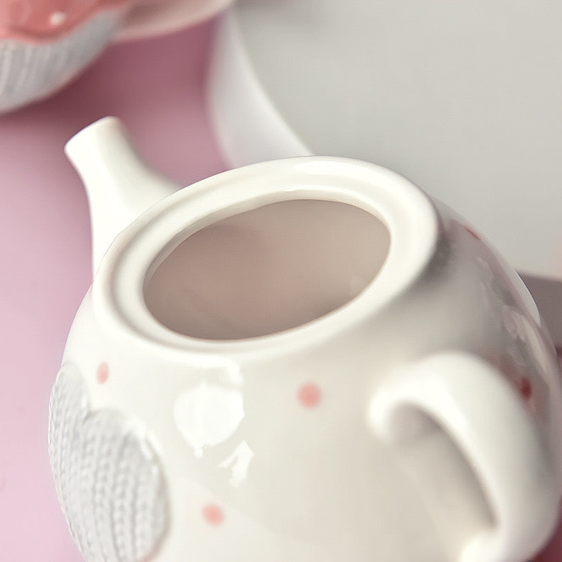 Kawaii Bowknot Ceramic Tea for One Set 400ml Pink Teapot & Tea Cup Combo Knitted Style Coffee Mug