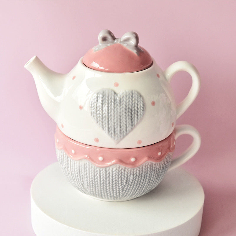 Kawaii Bowknot Ceramic Tea for One Set 400ml Pink Teapot & Tea Cup Combo Knitted Style Coffee Mug