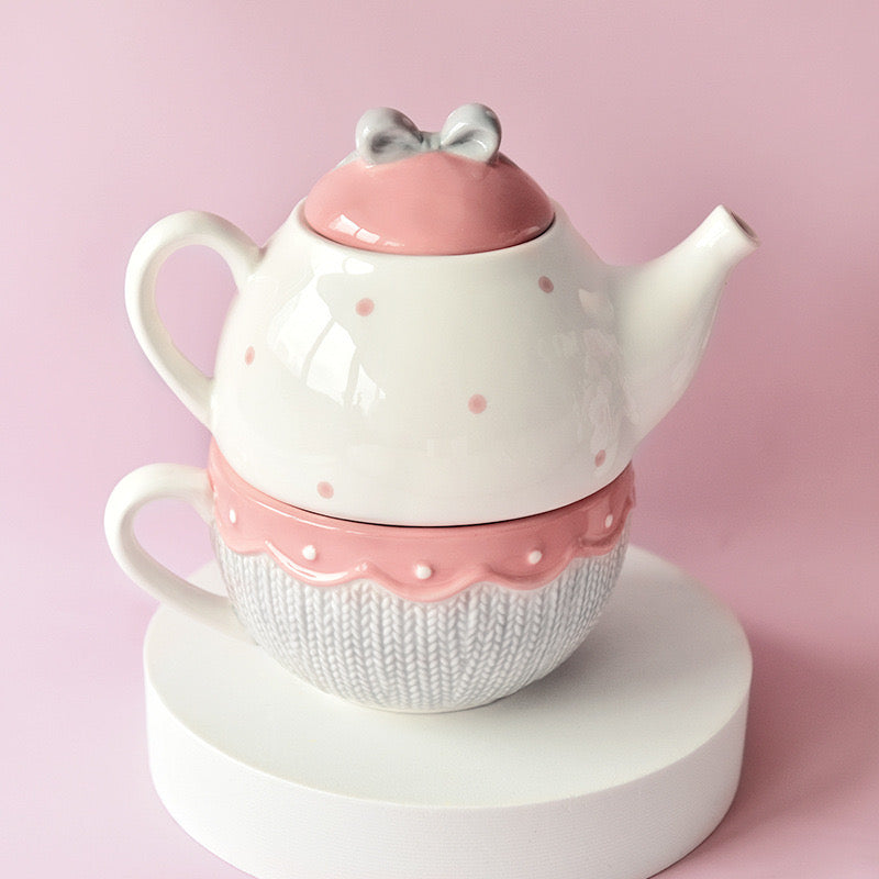 Kawaii Bowknot Ceramic Tea for One Set 400ml Pink Teapot & Tea Cup Combo Knitted Style Coffee Mug