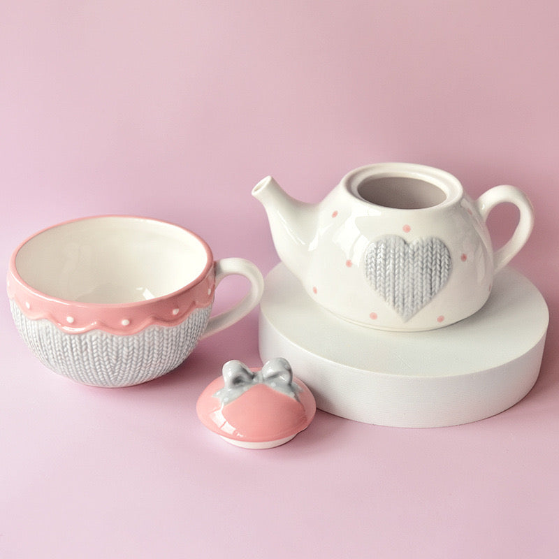 Kawaii Bowknot Ceramic Tea for One Set 400ml Pink Teapot & Tea Cup Combo Knitted Style Coffee Mug