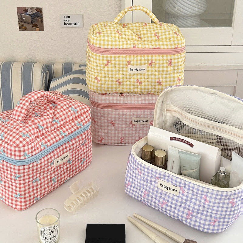 Check & Bow Printed Soft Cosmetic Travel Bag