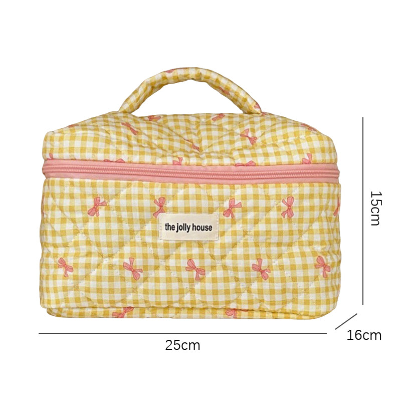 Check & Bow Printed Soft Cosmetic Travel Bag