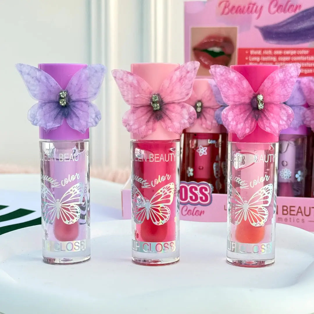 Butterfly Flower Lip Gloss Moisturizing Glossy Lip Tint with Elegant Floral Cap