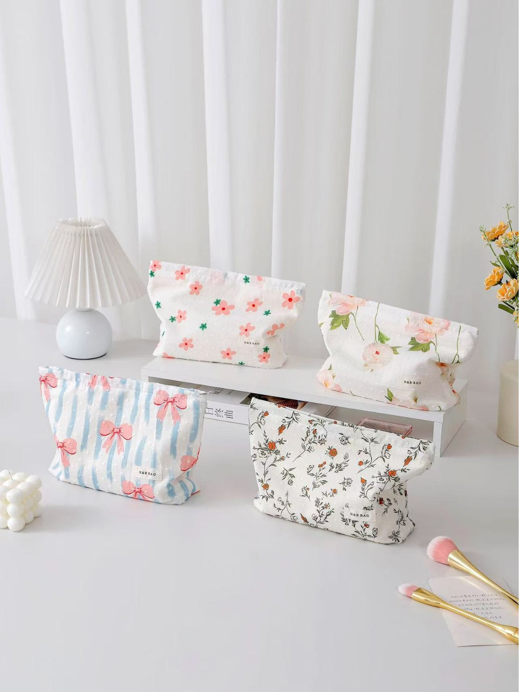 INS Floral Bowknot Cosmetic Bag Travel Clutch & Menstrual Storage Pouch for Women