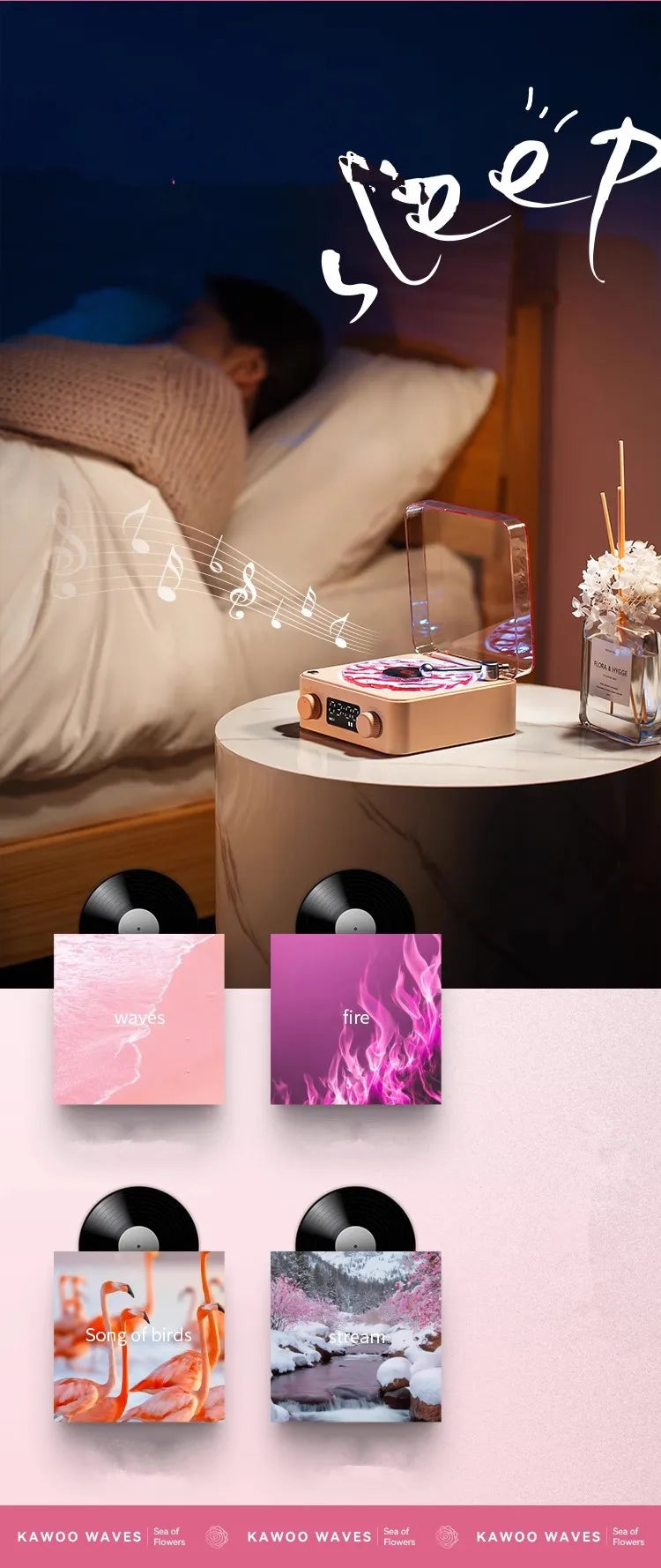 Waves Vinyl Player Bluetooth Speaker with White Noise Retro Turntable Speaker Sleep Aid Vitrola Shaped Speaker with RGB Light