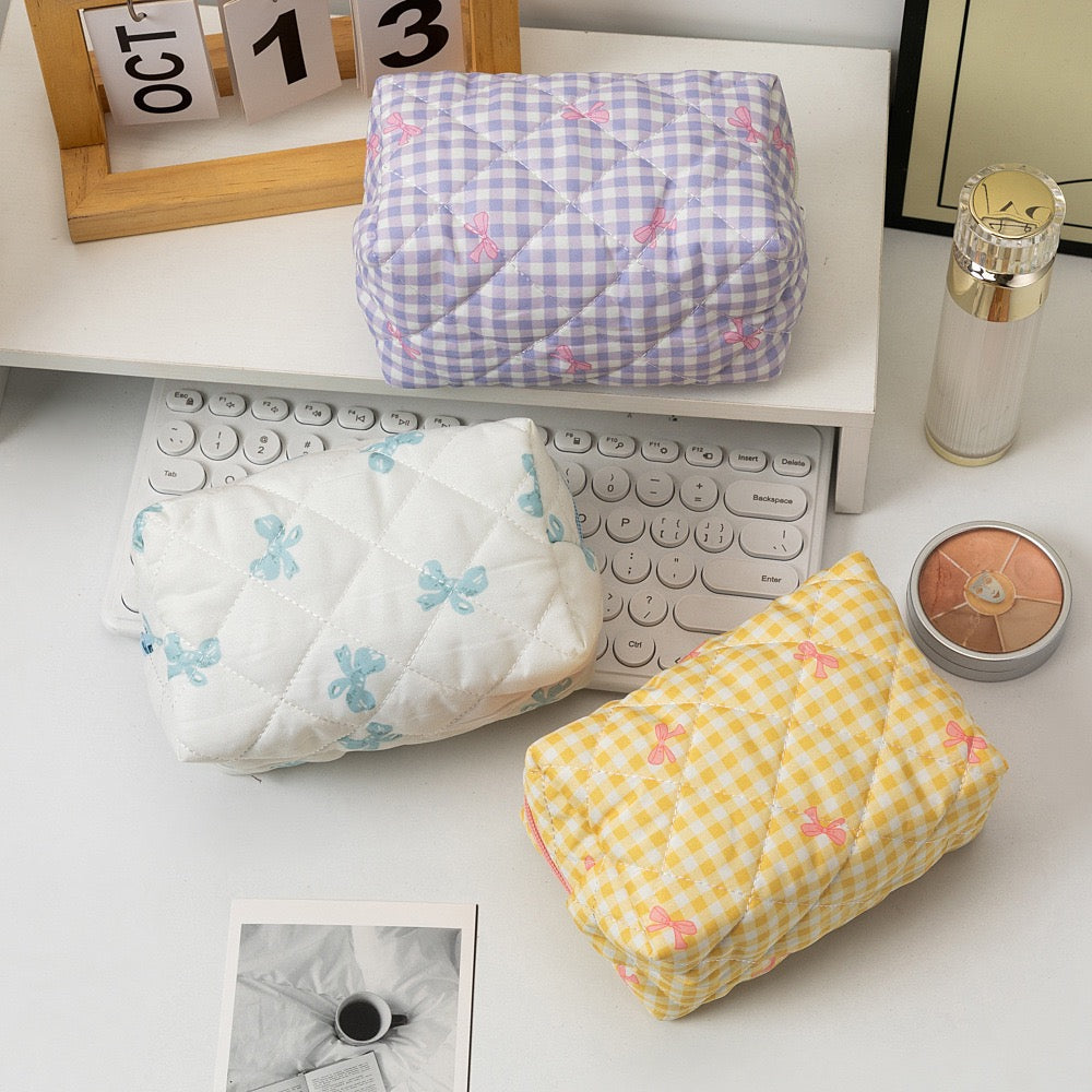 Korean Luxury Pink Bow Cosmetic Bag Soft Travel Makeup Case with Zipper Closure Fashion Beauty Organizer
