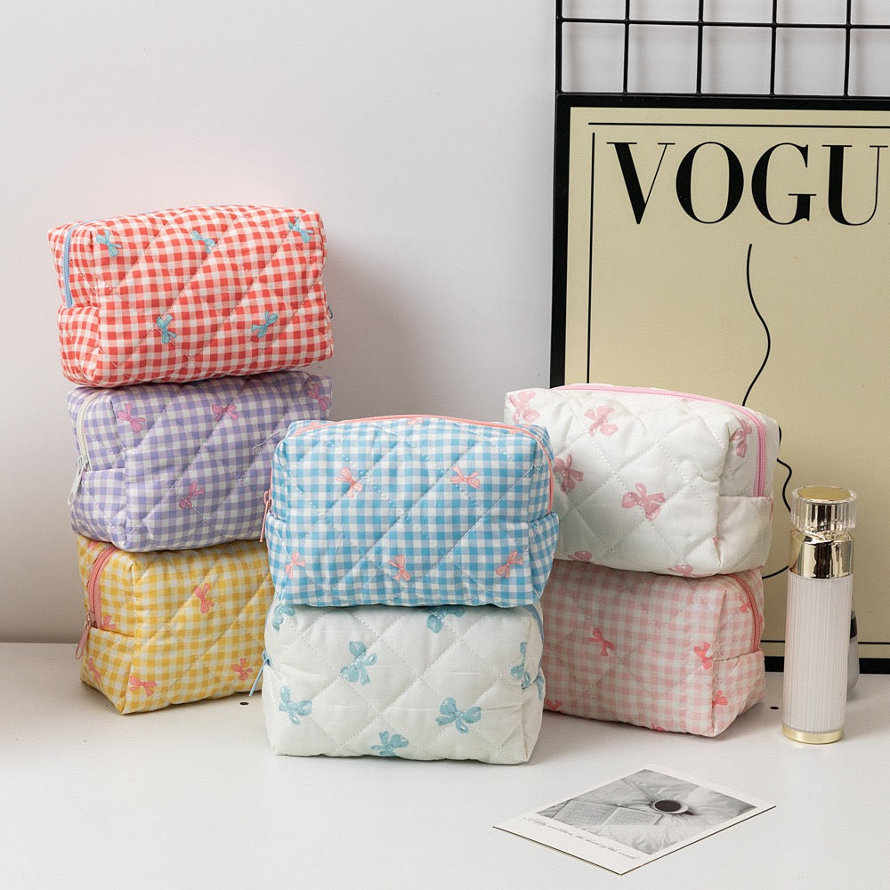 Korean Luxury Pink Bow Cosmetic Bag Soft Travel Makeup Case with Zipper Closure Fashion Beauty Organizer