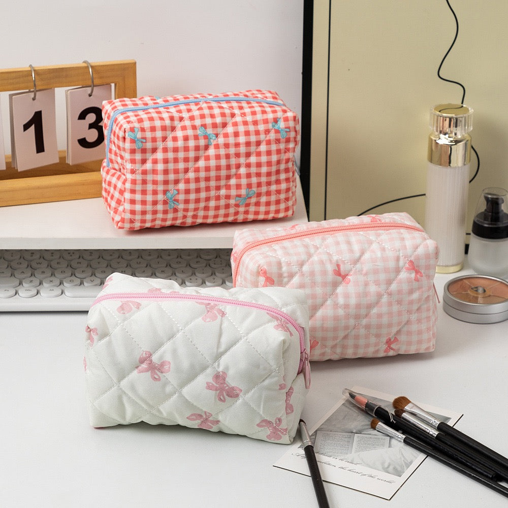 Korean Luxury Pink Bow Cosmetic Bag Soft Travel Makeup Case with Zipper Closure Fashion Beauty Organizer