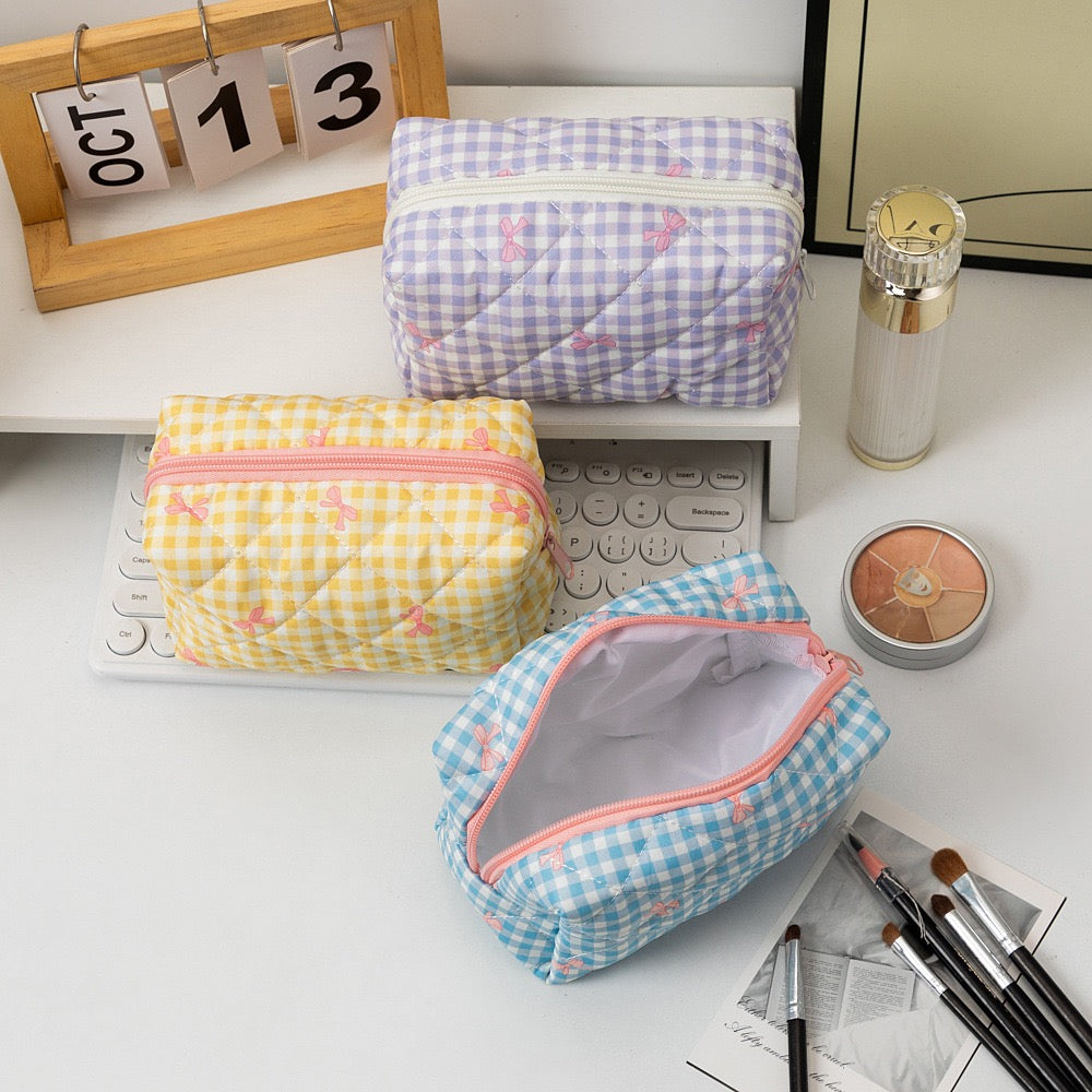 Korean Luxury Pink Bow Cosmetic Bag Soft Travel Makeup Case with Zipper Closure Fashion Beauty Organizer