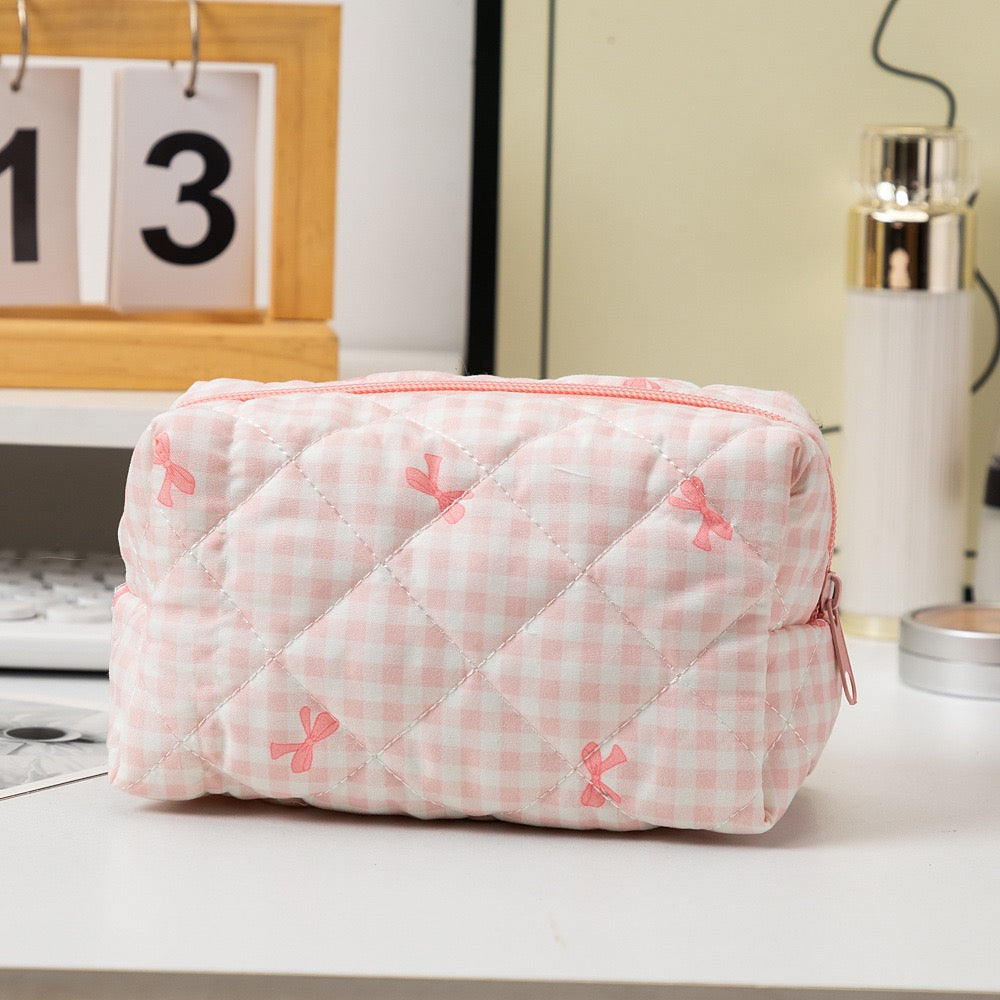 Korean Luxury Pink Bow Cosmetic Bag Soft Travel Makeup Case with Zipper Closure Fashion Beauty Organizer