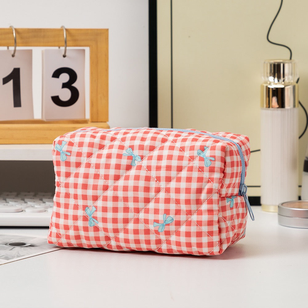 Korean Luxury Pink Bow Cosmetic Bag Soft Travel Makeup Case with Zipper Closure Fashion Beauty Organizer