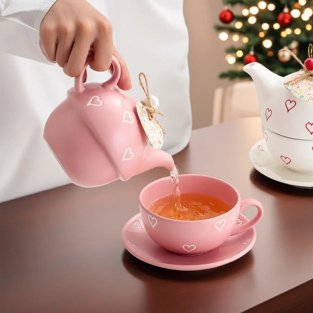 Heart Print Teapot & Cup Set With Saucer Ceramic Tea For One Gift Set Sparkels  Sparkels