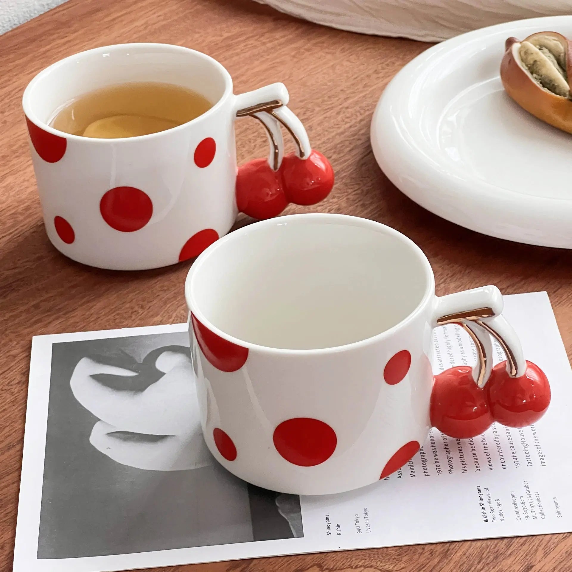 Cherry Handle Ceramic Mug Red Polka Dot Coffee Cup Cute Aesthetic Breakfast Mug for Tea & Latte Sparkels  Sparkels