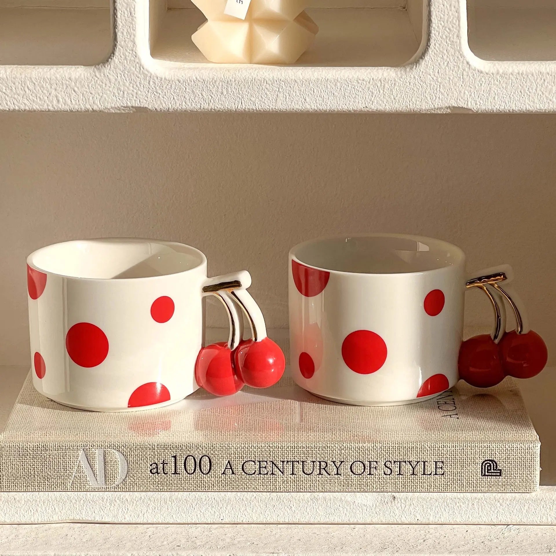 Cherry Handle Ceramic Mug Red Polka Dot Coffee Cup Cute Aesthetic Breakfast Mug for Tea & Latte Sparkels  Sparkels
