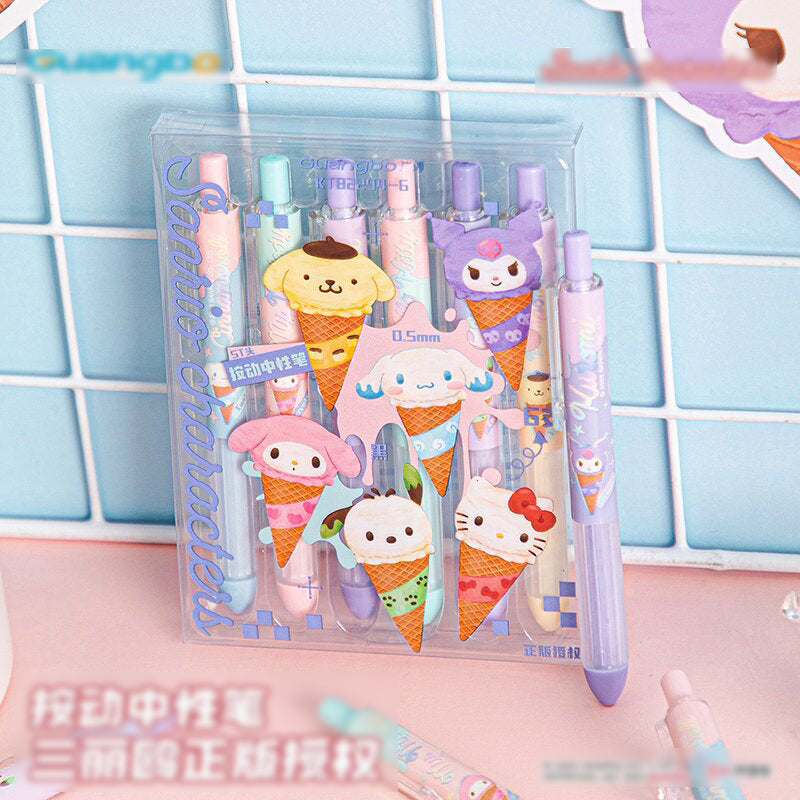 Pack Of 6 Ice-Cream Gel Pen 0.5mm Black Ink Click Pen