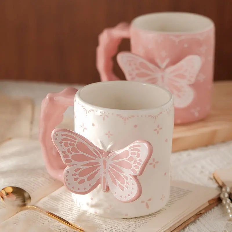 3D Butterfly Ceramic Mug  Cute Aesthetic Coffee & Tea Cup Handmade Relief Butterfly Design Pink & Ivory Gift Mug Sparkels  Sparkels