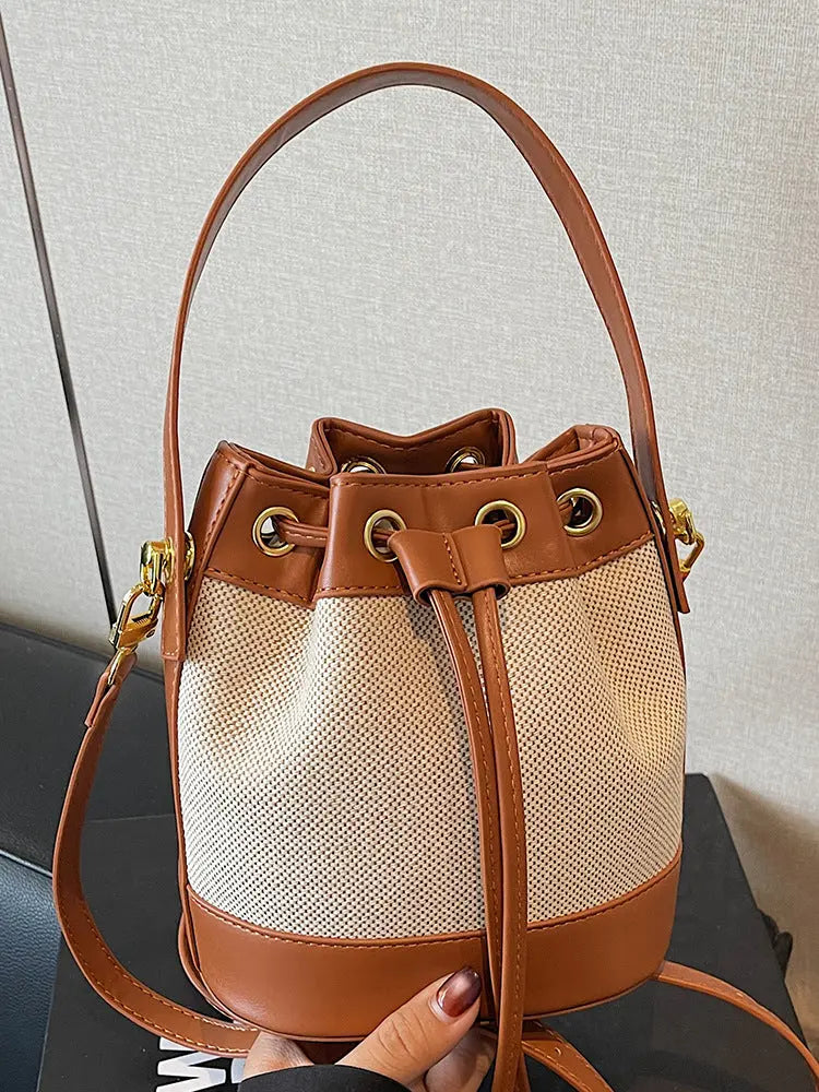 Vintage Canvas & PU Leather Bucket Bag Women’s Drawstring Crossbody Shoulder Handbag Sparkels  Sparkels