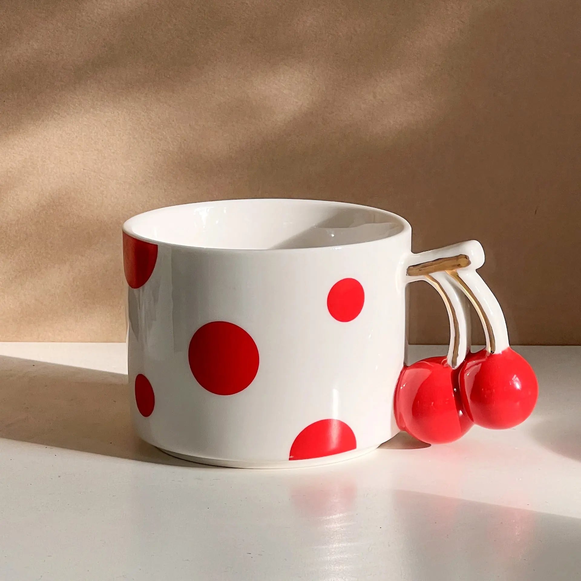 Cherry Handle Ceramic Mug Red Polka Dot Coffee Cup Cute Aesthetic Breakfast Mug for Tea & Latte Sparkels  Sparkels