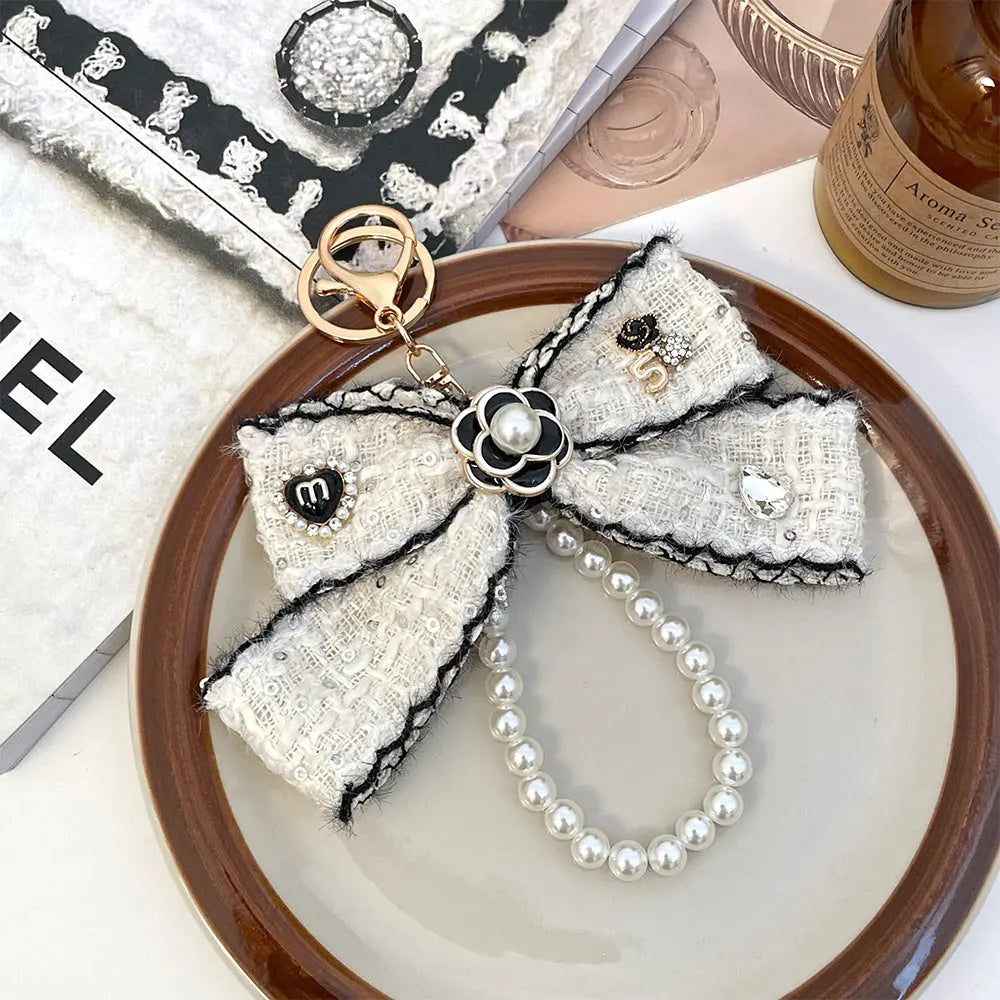 Luxury Tweed Bow Pearl Keychain Sparkels  Sparkels