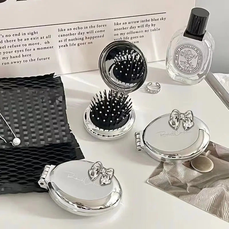 Portable Folding Mini Hair Brush with Compact Mirror Cute Bow Travel Pocket Comb Sparkels  Sparkels