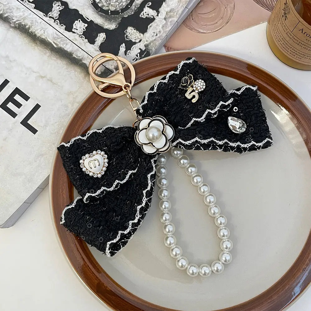 Luxury Tweed Bow Pearl Keychain Sparkels  Sparkels