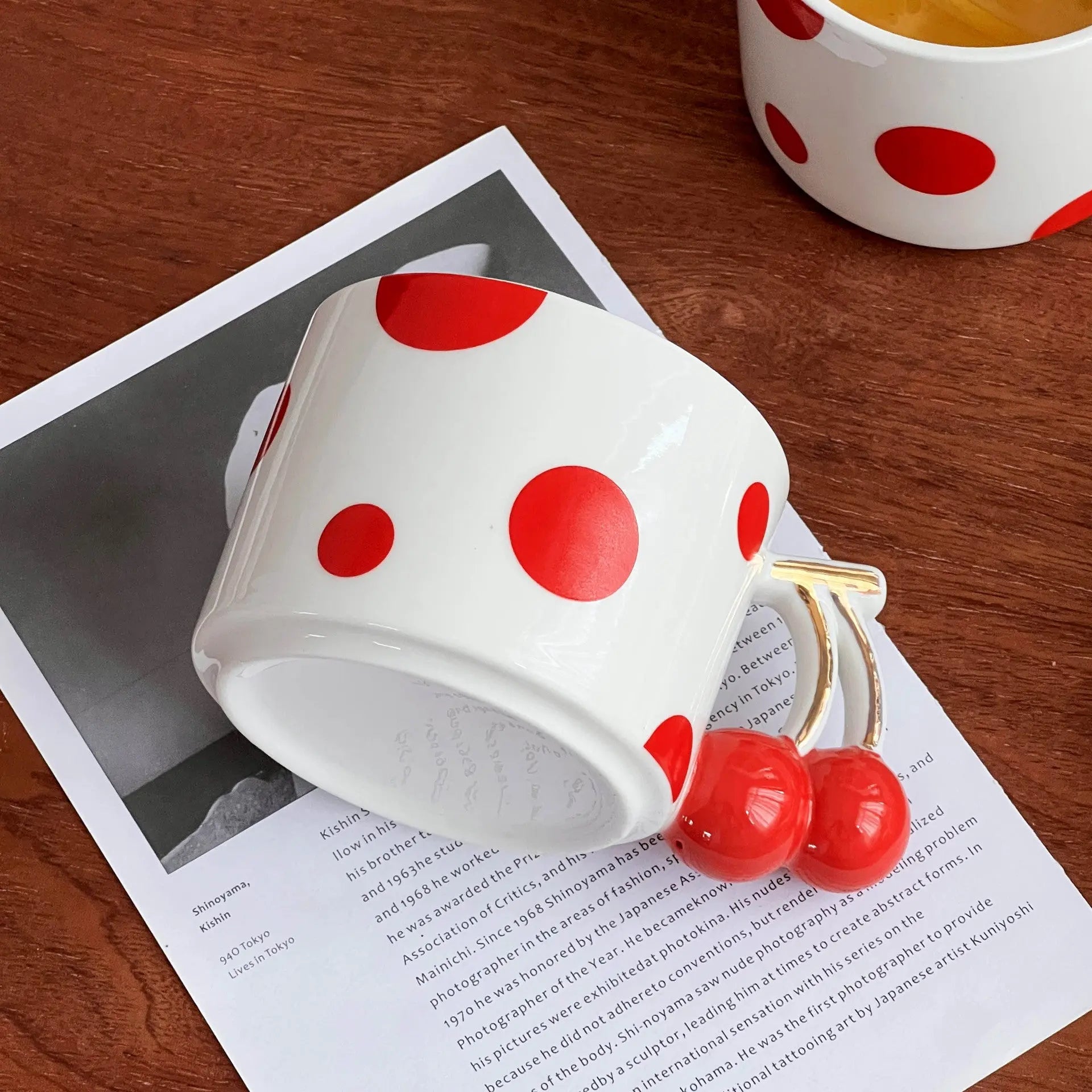 Cherry Handle Ceramic Mug Red Polka Dot Coffee Cup Cute Aesthetic Breakfast Mug for Tea & Latte Sparkels  Sparkels