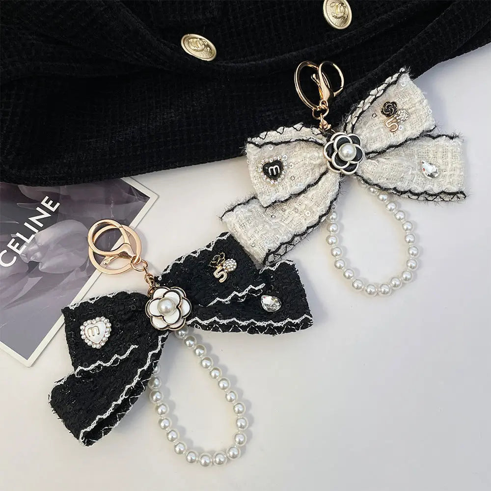 Luxury Tweed Bow Pearl Keychain Sparkels  Sparkels