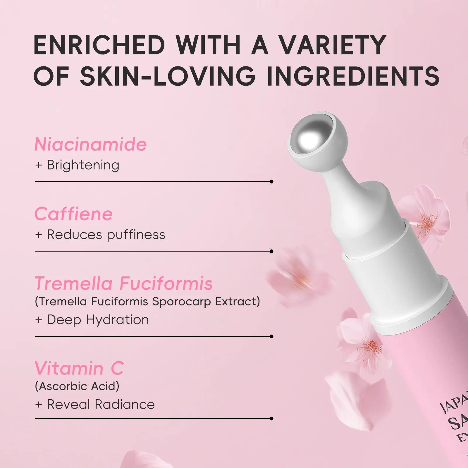Japan Cherry Blossom Brightening Eye Serum Roller Niacinamide, Vitamin C & Caffeine Depuffing Eye Care Sparkels  Sparkels