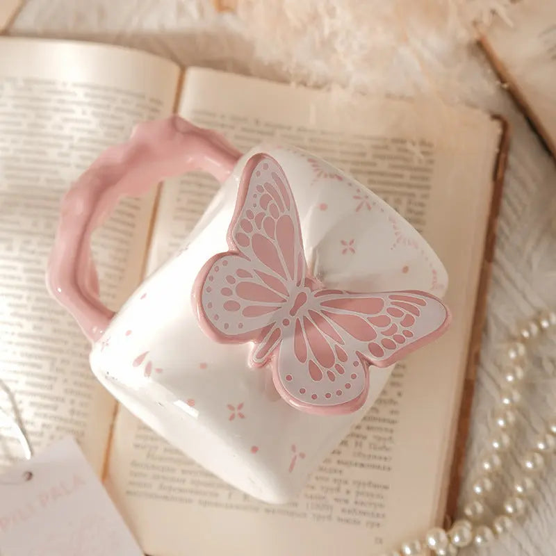 3D Butterfly Ceramic Mug  Cute Aesthetic Coffee & Tea Cup Handmade Relief Butterfly Design Pink & Ivory Gift Mug Sparkels  Sparkels