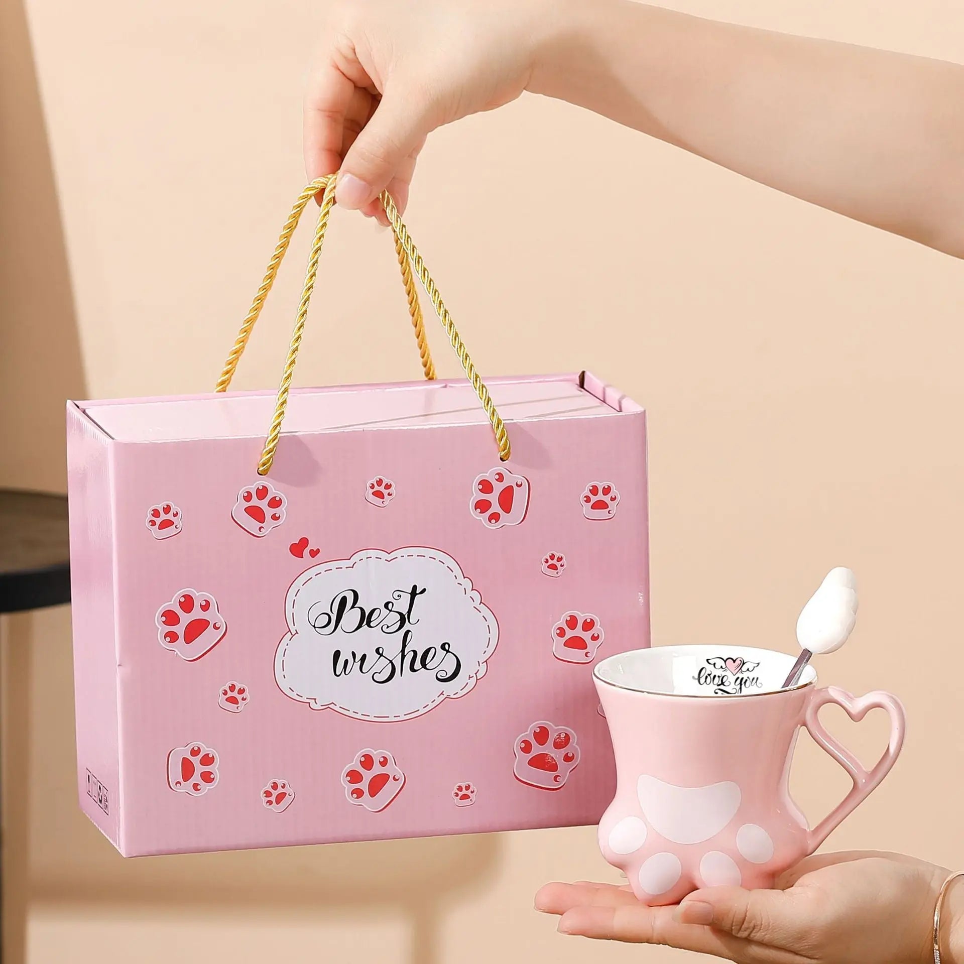 Cute Cat Paw Ceramic Mug with Heart Handle & Star Spoon Kawaii Coffee & Milk Cup Gift Sparkels  Sparkels