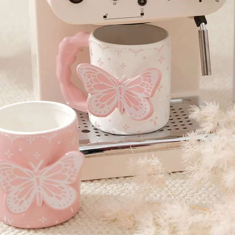 3D Butterfly Ceramic Mug  Cute Aesthetic Coffee & Tea Cup Handmade Relief Butterfly Design Pink & Ivory Gift Mug Sparkels  Sparkels