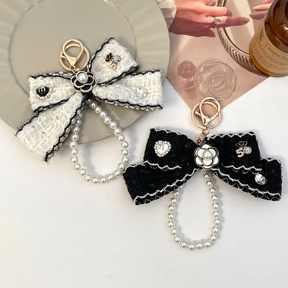 Luxury Tweed Bow Pearl Keychain Sparkels  Sparkels