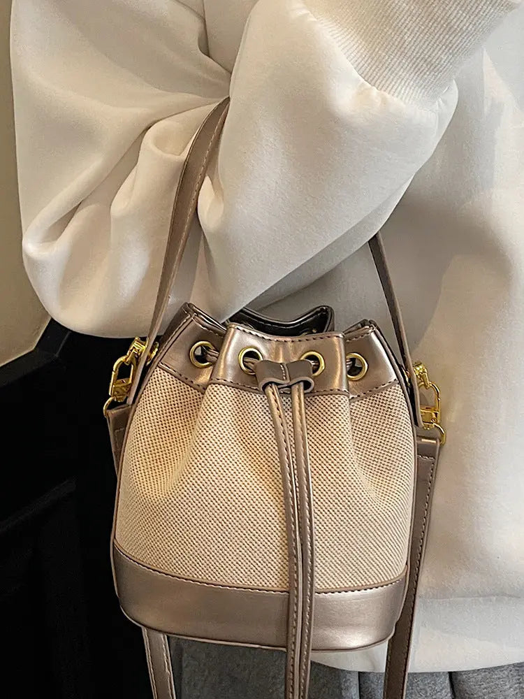 Vintage Canvas & PU Leather Bucket Bag Women’s Drawstring Crossbody Shoulder Handbag Sparkels  Sparkels